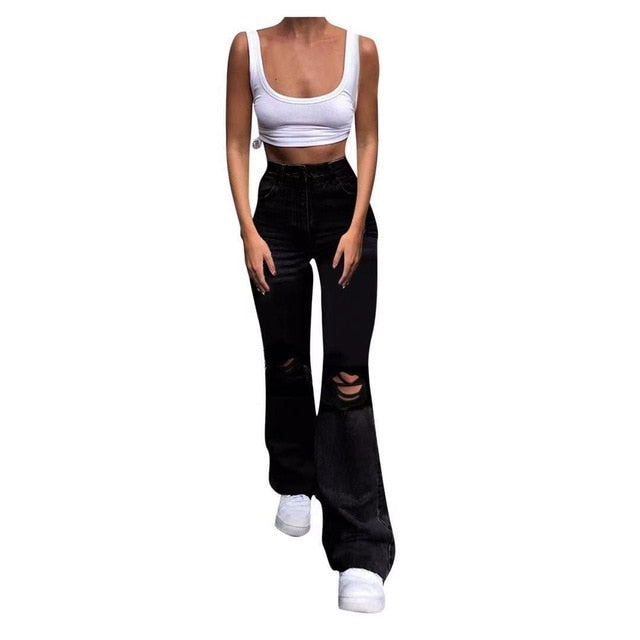 maoxiangshop new style micro-bladed jeans women's ripped European and American high-waisted wide-leg flared trousers all-match loose