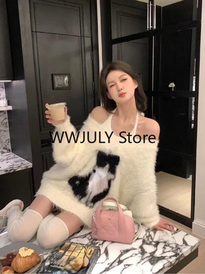 2023 Autumn White Elegant Knitted Sweater 2 Piece Set Women Casual Sexy Vest Outwear Warm Korean Fashion Tops Office Lady Chic