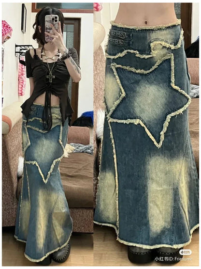 Star Patchwork Women's Denim Skirt High Street Fashion Retro Style Distressed Party Club Casual Spring Autumn Summer Long Dress