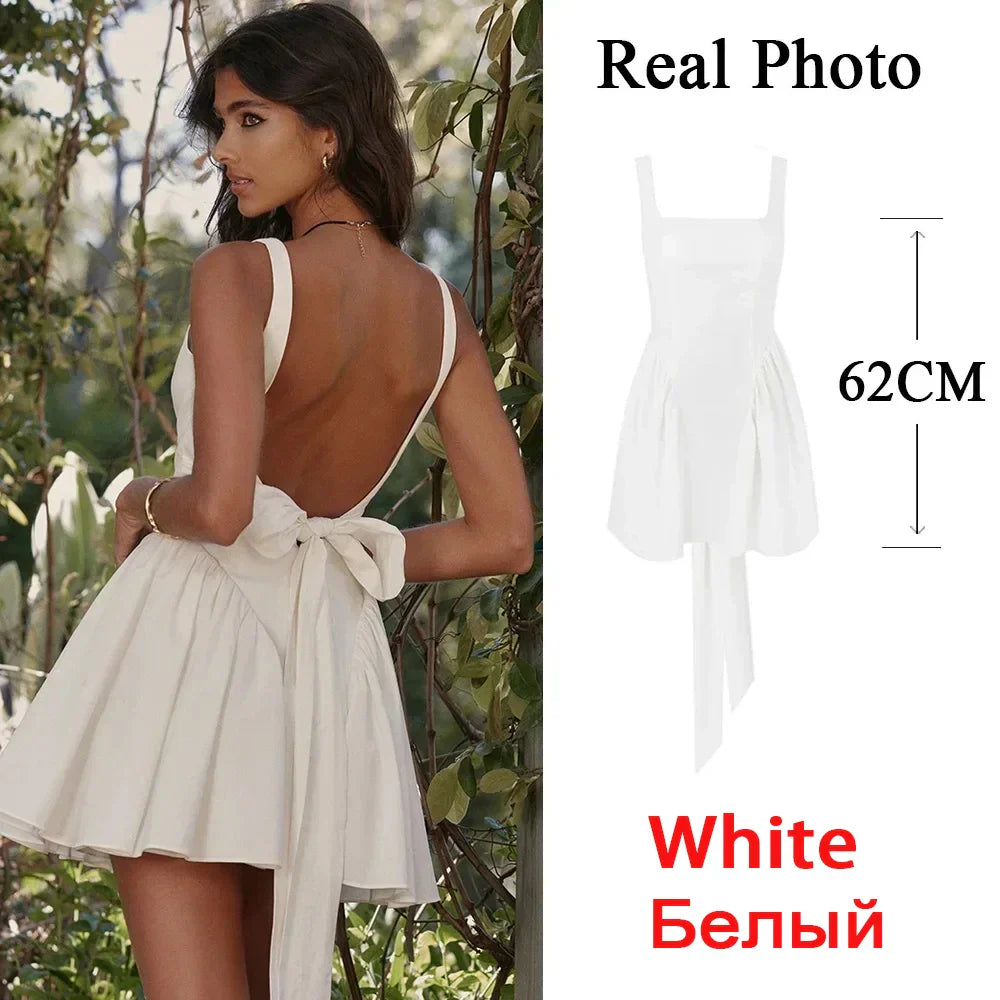 Summer Mini Backless A Line Dress Sexy White Big Bow Dress Casual Women Birthday Holiday Dress New Arrivals