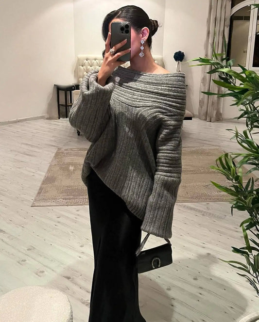 maoxiangshop  -  Elegant Oversize Knitted Thick Pullover Winter Fashion Slash Neck Full Sleeve Gray White Warm Women Sweater Streetwear
