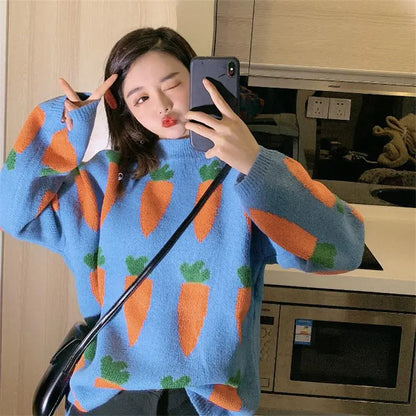 maoxiangshop Women's Carrot Sweater Cozy Knit Cute Cartoon Crew Neck Long Sleeve Oversized Pullover Jumper Fall Winter