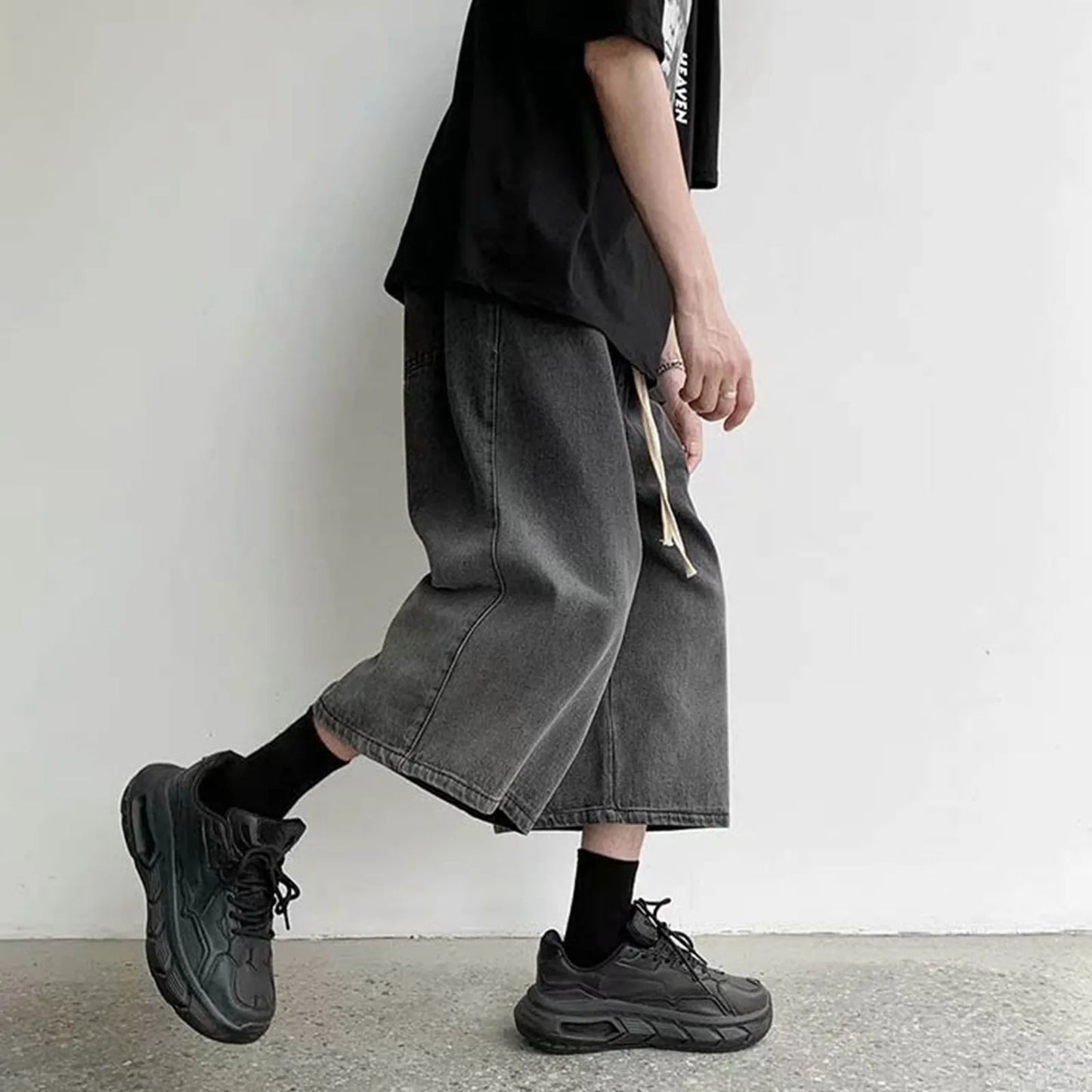 maoxiangshop 2024 New Summer Men's Denim Shorts Casual Summer Shorts Elastic Waist Wide Leg Shorts Drawstring Baggy Jeans Shorts Male Summer