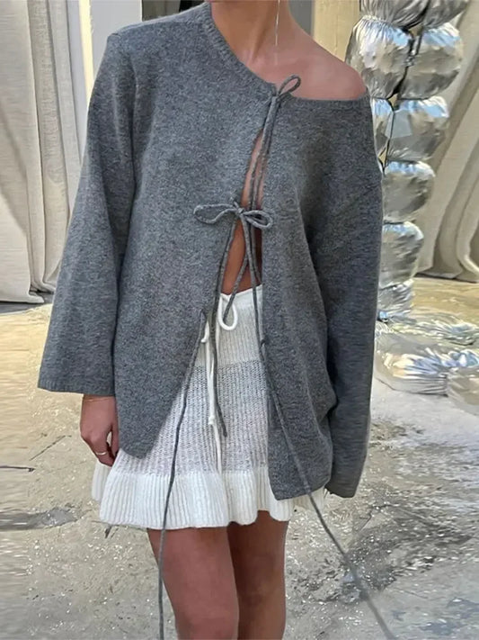 maoxiangshop  -  Chic Knitted Grey Lace Up Cardigan Women Casual Round Neck Long Sleeve Sweater 2024 Autumn Female Commuting Street Pullover