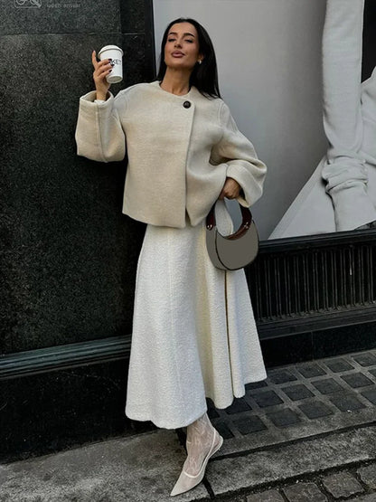 maoxiangshop  -  Chic Woolen Women's Short Coats O Neck Long Sleeve One Button Coat 2024 Autumn Winter Elegant Female Commute Outerwears