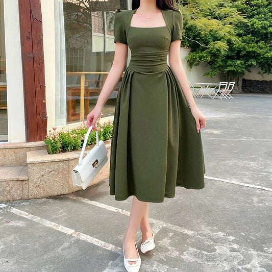 maoxiangshop-Women's Long Dresses New Top Pure Color Casual Temperament Elegant Extended Vintage Tea Break Short Sleeve Long Dresses