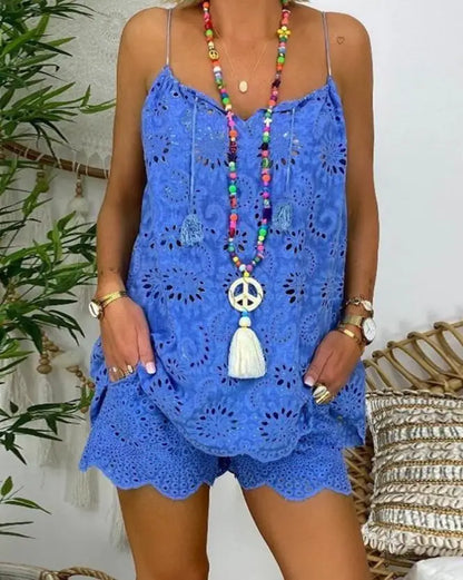 maoxiangshop New Two Piece Sets Women Outifits Casual V-Neck Sleeveless Camis Eyelet Embroidery Tassel Top Shorts Set Fashion Women Suit