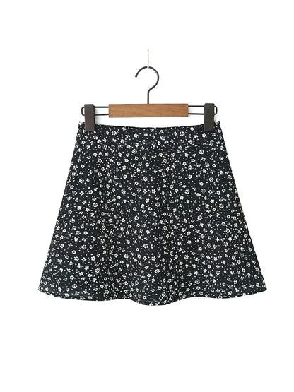 maoxiangshop  -   Cute Flower Print Ladies Summer A-Line Black Mini Skirts 2024 Girls Casual Zipper Fly Pink Short Skirt