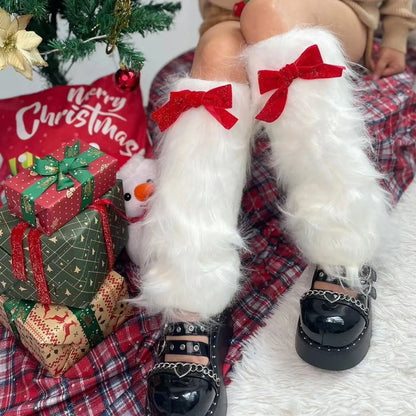 maoxiangshop  -  Autumn/Winter Bow Loliat Socks for Women Christmas Lolita Cute y2k Subculture Warm Imitation Fur Leg Cover Boots Leg Warmers