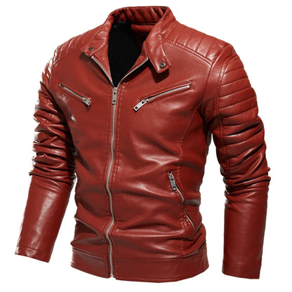 maoxiangshop Winter Black Leather Jacket Men Fur Lined Warm Motorcycle Jacket Slim Street Fashion BLack Biker Coat Pleated Design Zipper