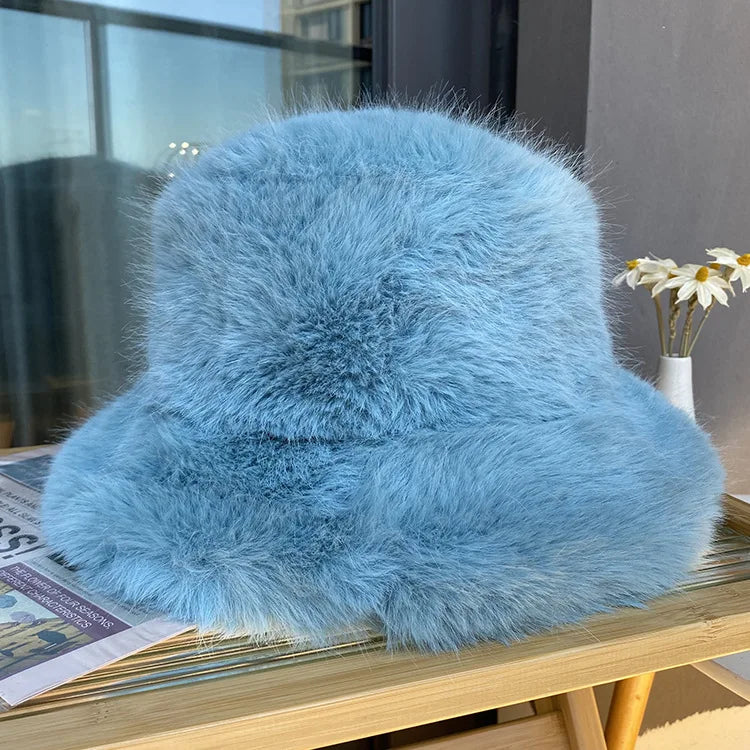 maoxiangshop y2k Fluffy Faux Fur Bucket Hat Women Rabbit Fur Warm Thick Plush Winter Hat Lady Luxury Fashion Furry Panama Fisherman Cap