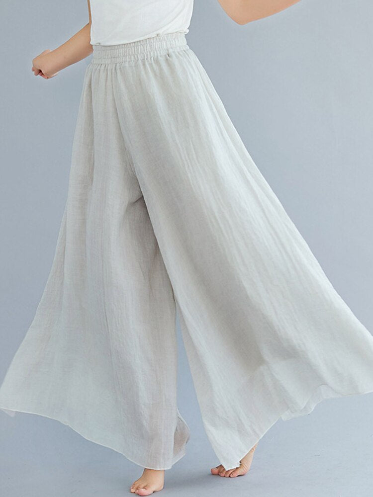 Summer Nine-point Pants Cotton and Linen Elastic Waist Loose Type Mid-waist Temperament Commuter Wide-leg Pants