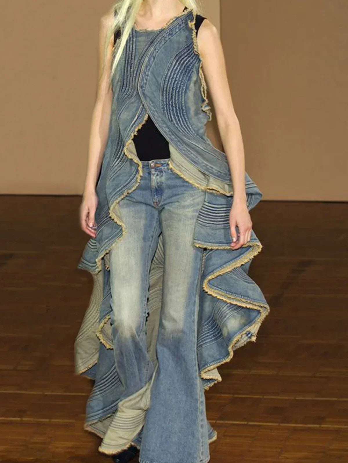 Fashionable Washed Ruffle Raw Trim Sleeveless Denim Jacket Vintage High Street Asymmetric Tassel Dovetail Denim Top for Women