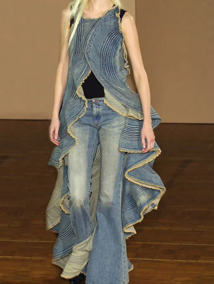 Fashionable Washed Ruffle Raw Trim Sleeveless Denim Jacket Vintage High Street Asymmetric Tassel Dovetail Denim Top for Women