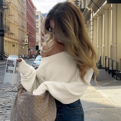 maoxiangshop  -  Casual Off-Shoulder Sweater Women's Autumn Warm Long-Sleeved Knitted Sweater Solid High Waist Loose Female Knitted Top