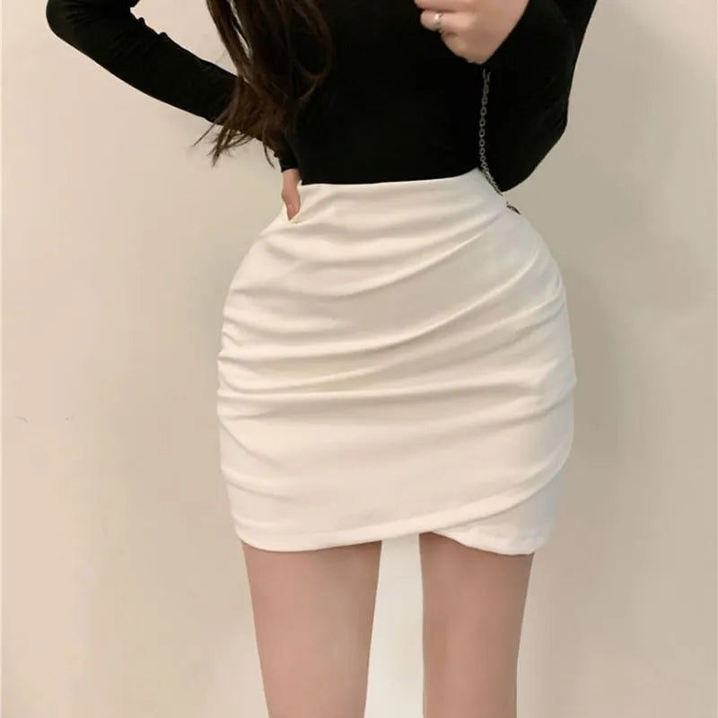 maoxiangshop Korean Fashion Mini Skirt Women Solid High Waist Irregular Folds Hip Wrap Pencil Skirt Ladies Sexy Slim Short Skirts