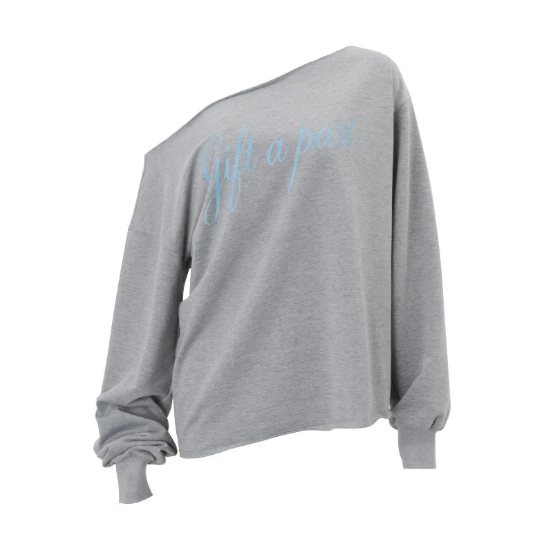 Y2k Letter Print Graphic Hoodies Sweatshirts One Shoulder Long Sleeve Tees Baggy Pullovers Women Clothing P33-CG29