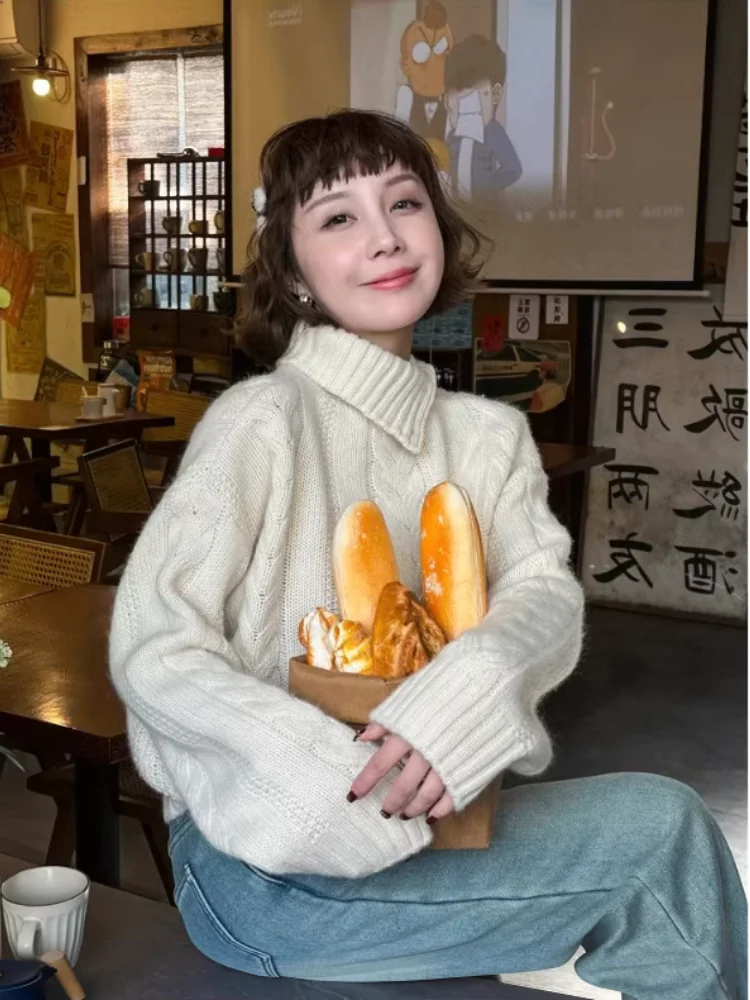 maoxiangshop  -  Irregular Neckline Fried Dough Twists Sweater Women's Autumn And Winter Temperament Semi High Collar Short Knitting Top