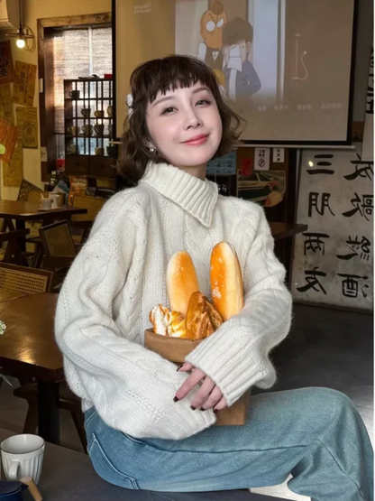 maoxiangshop  -  Irregular Neckline Fried Dough Twists Sweater Women's Autumn And Winter Temperament Semi High Collar Short Knitting Top