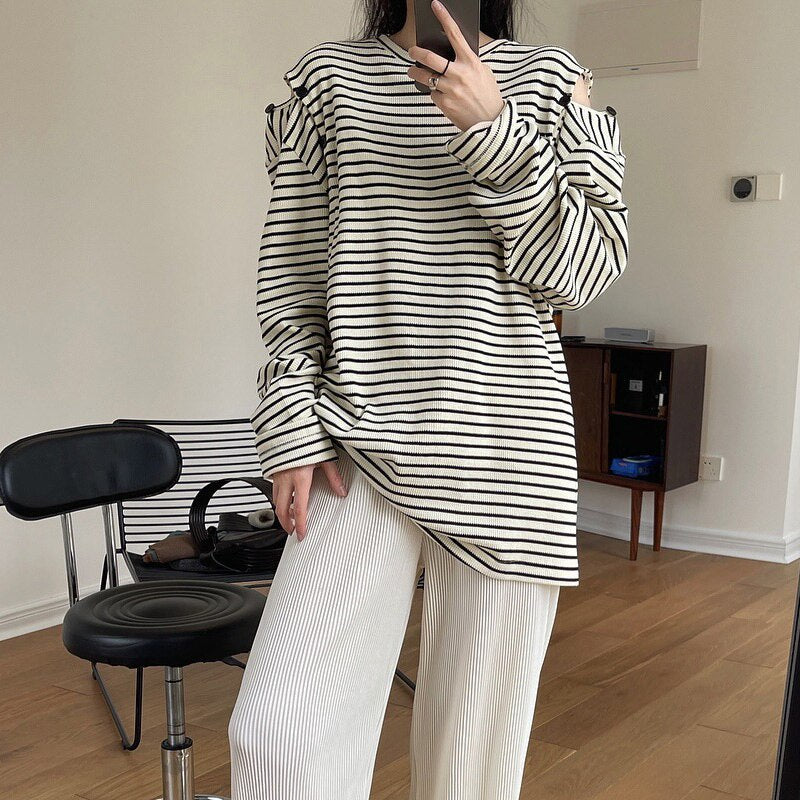 maoxiangshop Spring And Autumn Women's Casual Striped Sweatshirt Round Neck Long-sleeved Off-the-shoulder Loose Sweater