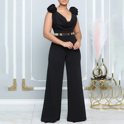 maoxiangshop Elegant Jumpsuits & Rompers for Women 2024 New V Neck Sleeveless Belt Wasited Floor Length Luxury Birthday Party Dinner Overalls