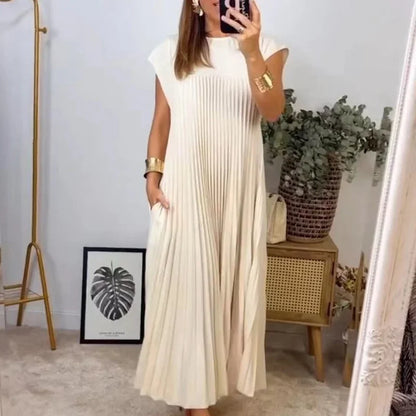 maoxiangshop Solid Color Loose Swing Sleeveless Long Dress Female Round Collar Basic Pleated Dress Spring Summer Casual Wome Beach Boho Robe