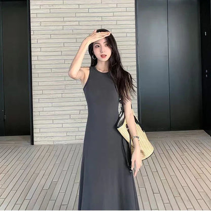 French Sleeveless Tank Dress Women Fashion Elegant Chic Slim A Line Long Dress Summer Vacation All Match Casual Solid Vestidos