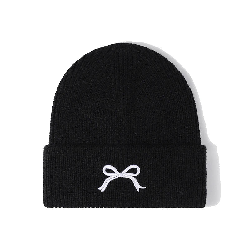 maoxiangshop  -  Winter Knitted Hat for Women Girls Bow Embroidery Woolen Beanies Korean Y2K Bowknot Hip Hop Caps Thick Elastic Ear Warmer Bonnet