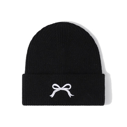 maoxiangshop  -  Winter Knitted Hat for Women Girls Bow Embroidery Woolen Beanies Korean Y2K Bowknot Hip Hop Caps Thick Elastic Ear Warmer Bonnet
