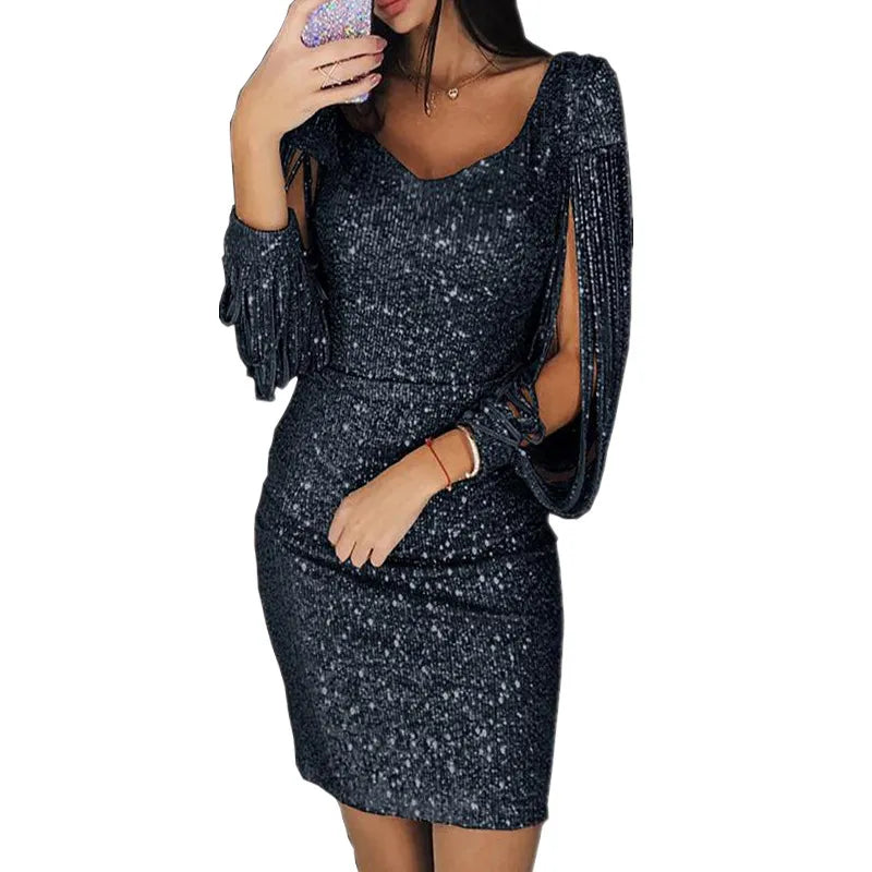 maoxiangshop Women Sequin Dress Glitter Sparkle Sexy Deep V Neck Short Dress Above Knee Length Long Tassel Sleeve