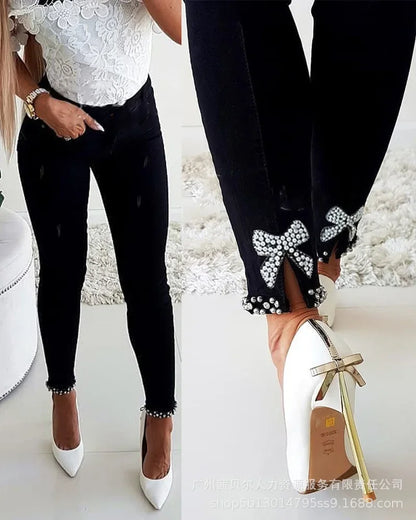 maoxiangshop Beaded Slit Bowknot Decor Jeans Autumn Women Pearl Bow Casual Loose Splice Sheath Long Pants Slim Fit Denim Pencil Trousers