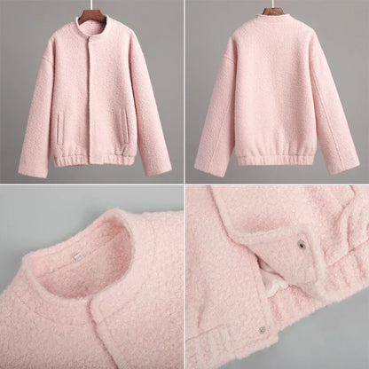 maoxiangshop  -  Women's Pink Short Fur Jacket Autumn Loose Fashion Long Sleeve Jacket Top Casual Stand Collar Pocket Button Warm Jacket