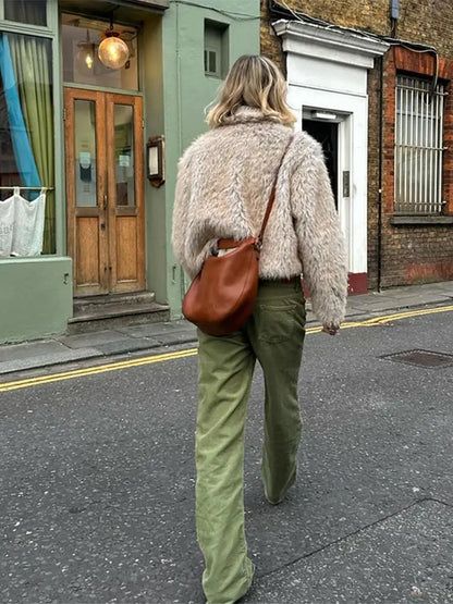 maoxiangshop  -  Women Autumn Winter Thicken Faux Fur Coat Elegant Lapel Long Sleeves Fluffy Short Overcoat Chic Lady High Street Warm Outerwear