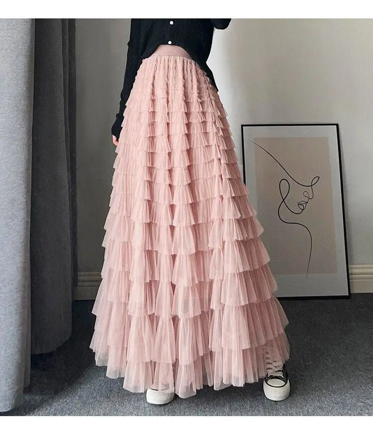 maoxiangshop Fairy Heavy Industry Net Yarn Cake Skirt Women's Spring Summer Long Ankle Design Sense Niche Figure Wide Hem Long Skirts Woman