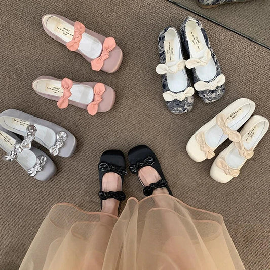 maoxiangshop  -  2024 NEW Korean style Lolita Mary Jane Shoes Women's Shoes Square Toe Women's Shoes Two Bow Ballet Flats Spring/Autumn Flats