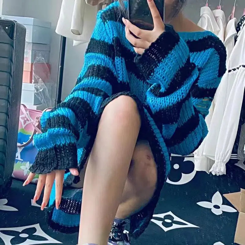 maoxiangshop New Punk Gothic Long Unisex Sweater Summer Women Striped Cool Hollow Out Hole Broken Jumper Loose Rock Thin Dark Streetwear Top