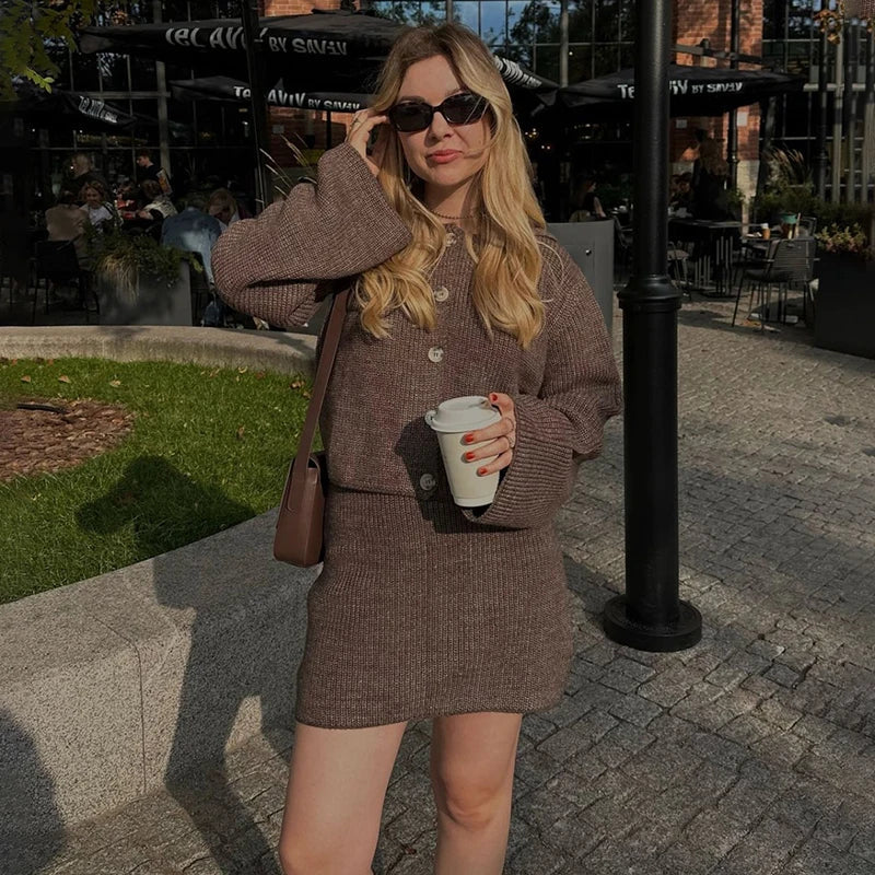 maoxiangshop  -  Women's Knitted Suit Lapel Flare Sleeve Cardigan Skirt Autumn Winter New Fashion Solid Slim Female Sweater Two Piece Sets