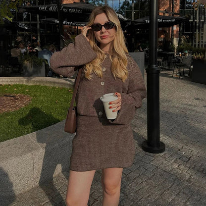 maoxiangshop  -  Women's Knitted Suit Lapel Flare Sleeve Cardigan Skirt Autumn Winter New Fashion Solid Slim Female Sweater Two Piece Sets