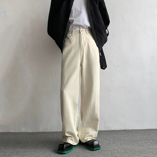 maoxiangshop Baggy Beige Jeans Men Fashion Casual Oversized Wide Leg Jeans Men Streetwear Korean Loose Straight Denim Pants Mens Trousers