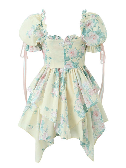 maoxiangshop Women Summer Fashion Sweet Floral Print Mini Dress Vintage Square Collar Chic Wood Ear Princess Dresses