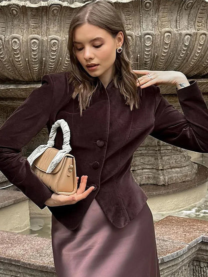 maoxiangshop  -  Vintage Velvet Stand Collar Short Coat Women Elegant Slim Solid V-neck Single-Breasted Coats Female Autumn Fashion Streetwear