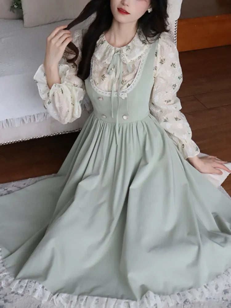 Green Elegant Vintage Strap Dress Women Spring Lace Evening Party Midi Dresses Ladies Retro Korean Sweet Kawaii Fairy Dress