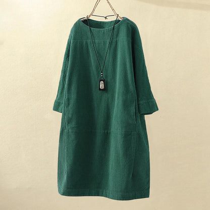 maoxiangshop Women Vintage Pockets Corduroy Solid Color Long Sleeve Loose Casual Dress vestido feminino party dresses Women's dress