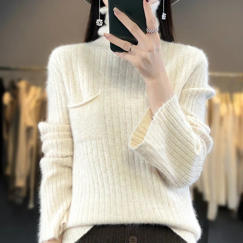 maoxiangshop Pure Mink Cashmere Sweater Women,High Pile Neck Knit Jumper,Wide Strip Large Size Long Sleeves,Autumn,Hot Sale