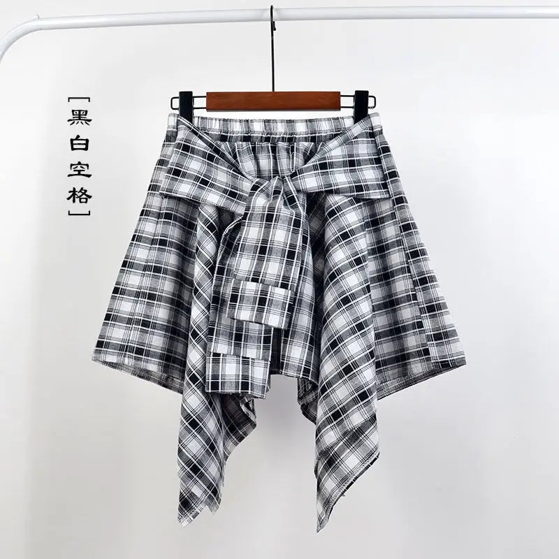 maoxiangshop Summer Casual Retro Irregular Women Skirt Bow-knot Elastic Waist Shirt Style Blue White Lattice Mini A-line Shortskirt Female