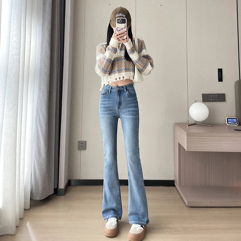 maoxiangshop Fashion New Women Warm Plush Flared Jeans Thermal Fleece Loose Denim Pants Female High Waist Urban Straight Flare Trouser