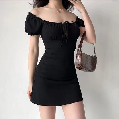 maoxiangshop Summer Sexy Mini Dress Women Short Sleeved Lace up Hollow Casual Backless Folds Bodycon Black Dress Party Elegant A-LINE Dresses