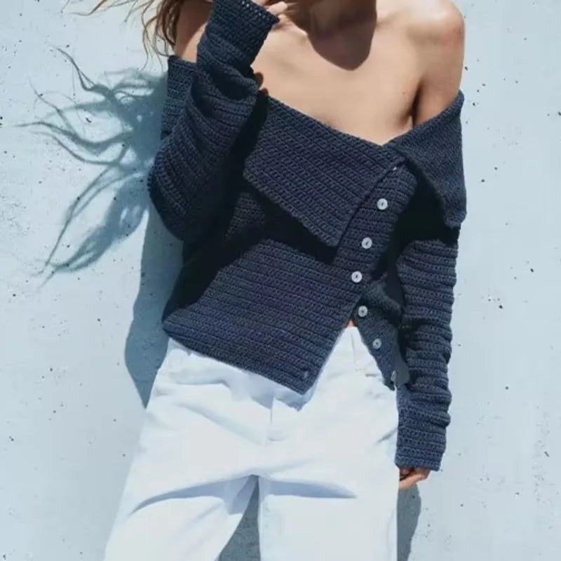maoxiangshop  -  Single Off Shoulder Irregular Sweater Top Women 2024 Autumn Casual Fashion Solid Turn Down Collar Long Sleeve Breasted Lady Top