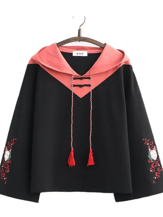 maoxiangshop Japanese Harakuju Embroidery Cotton Hooded Sweatshirt Women Summer Vintage Hoodies Korean Female Basic Pullover Top
