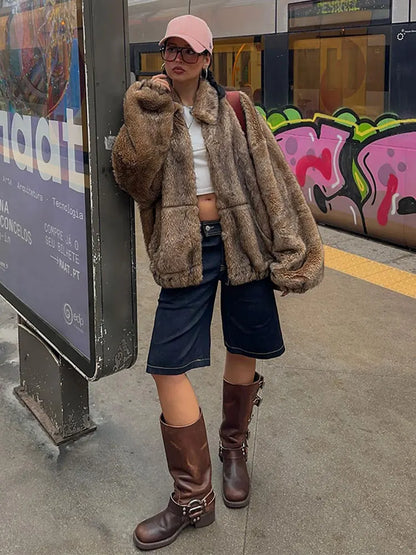 maoxiangshop -  Fluffy Faxu Fur Plush Coat For Women Brown Long Sleeve Lapel Oversized Outwear Thick Warm Winter Female Street Jacket
